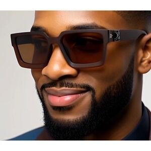Designer Square Frame Sunglasses Men Brown Gradient Lenses Hip Hop Rapper Lentes